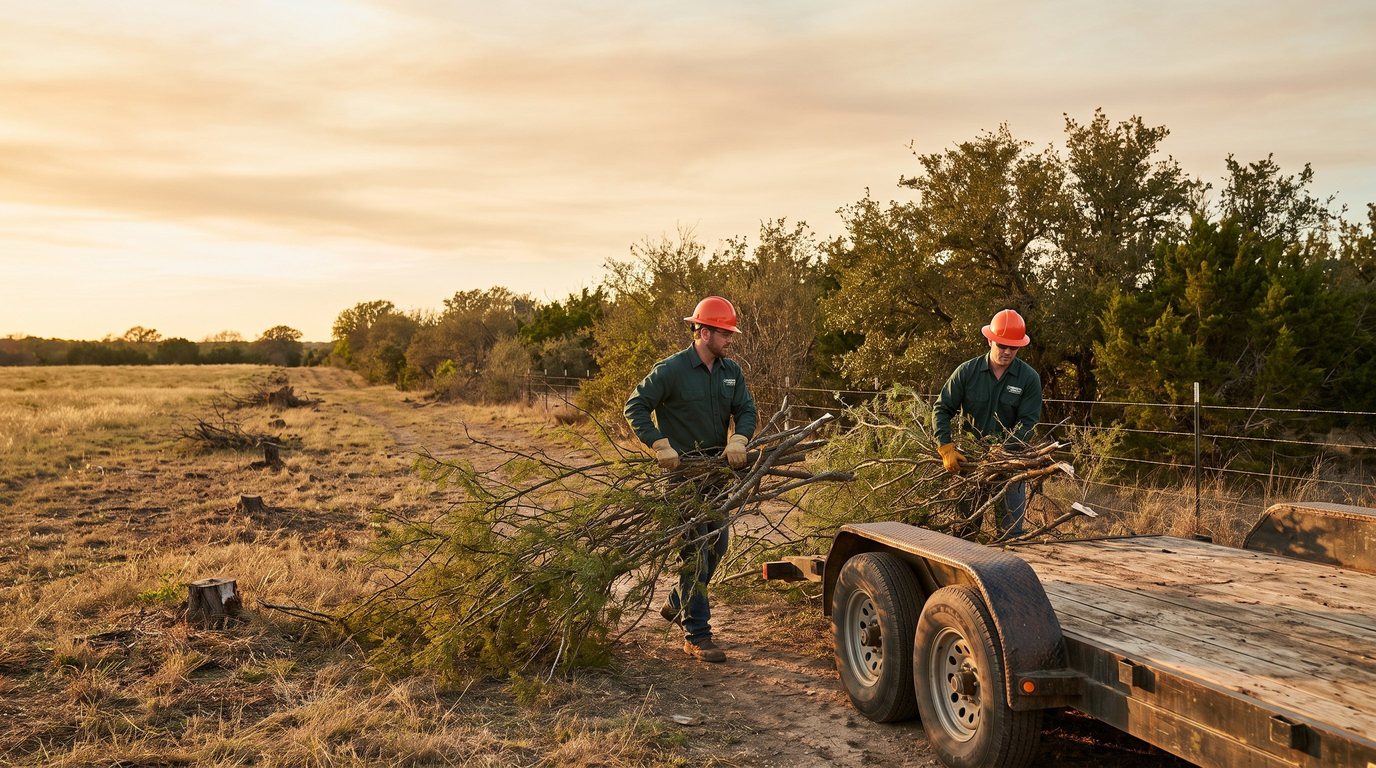 Crew clearing overgrown brush and mesquite along a Weatherford, TX fence line, loading cut limbs and cedar onto a trailer