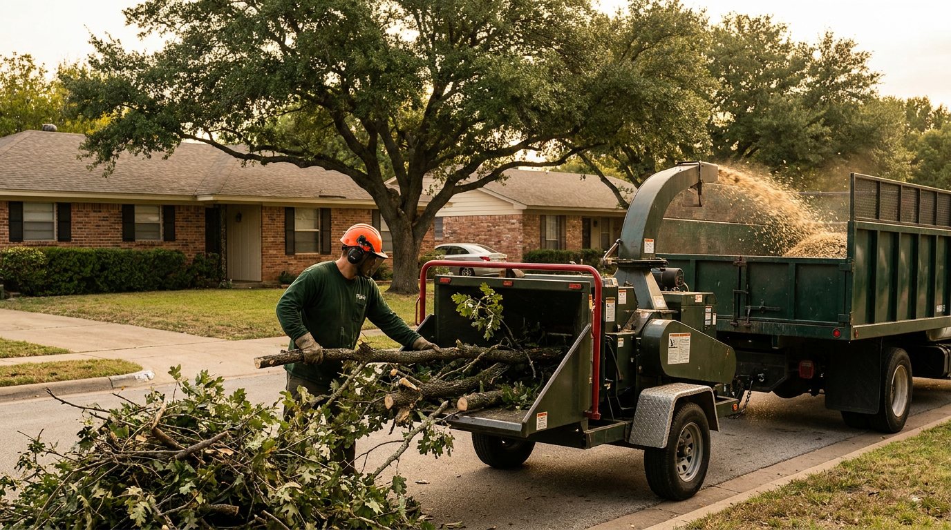 Crew member in a hard hat feeding cut oak limbs into a wood chipper on a residential Weatherford, Texas street, with the chip truck parked along a tidy curb