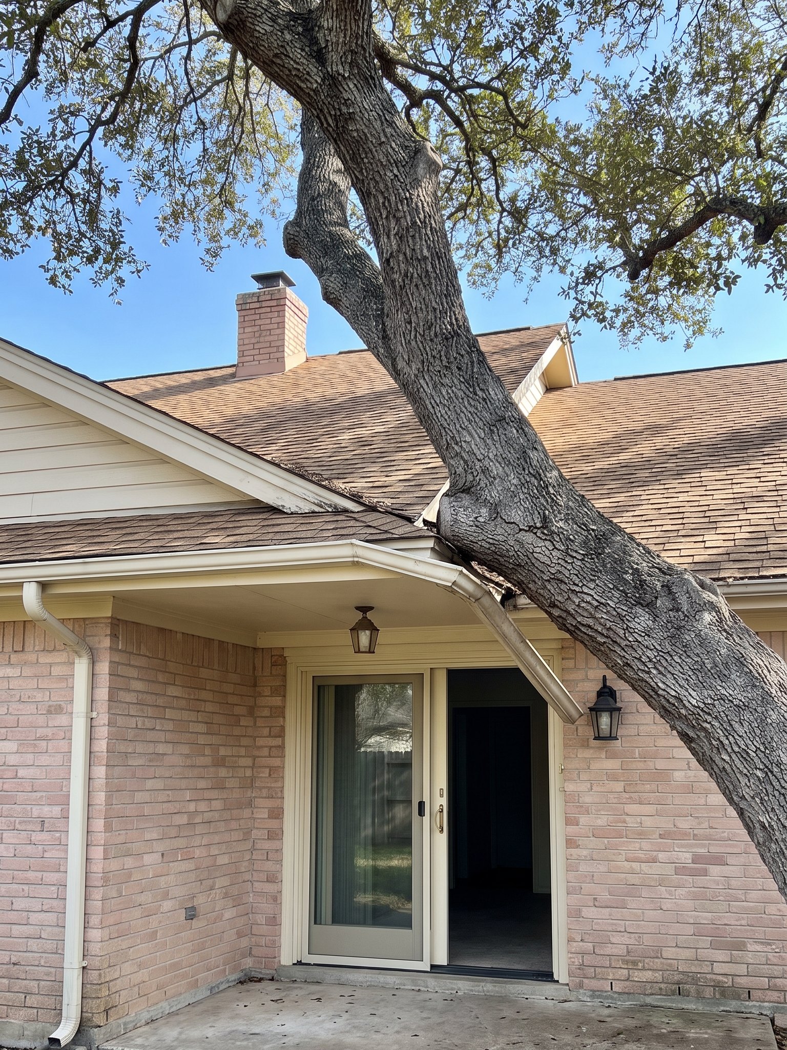 Big live oak leaning onto the roof of a Weatherford, TX brick home, shingles buckled at the contact point and the gutter torn loose and hanging beneath the trunk