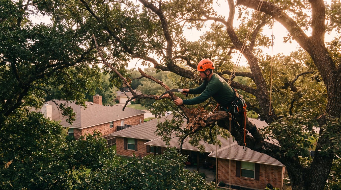Arborist on climbing ropes hand-pruning the upper canopy of a large post oak at a Weatherford, TX home