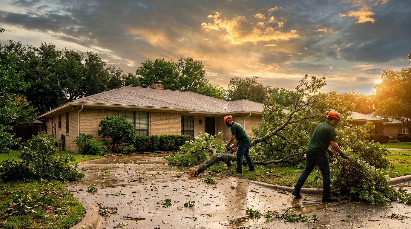 Storm cleanup crew clearing a downed oak limb from a Weatherford, TX driveway after a storm, with clouds breaking into morning light behind the house