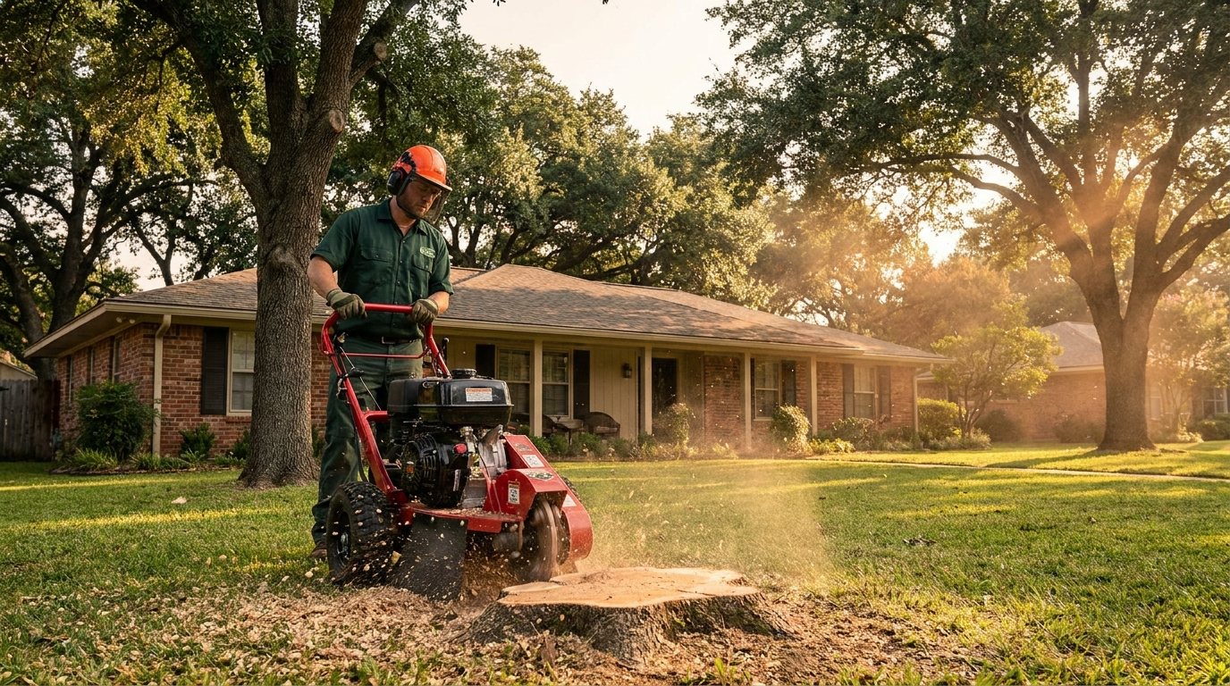 Worker running a stump grinder in front of a Weatherford, TX brick home, wood grindings flying as the cutting wheel chews the stump down below grade