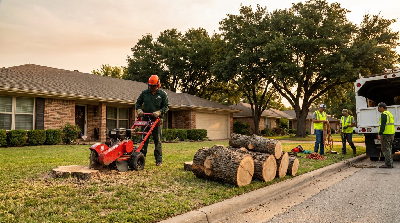Crew member guiding a stump grinder over a fresh stump while cut trunk sections sit stacked at the curb of a Weatherford, TX home